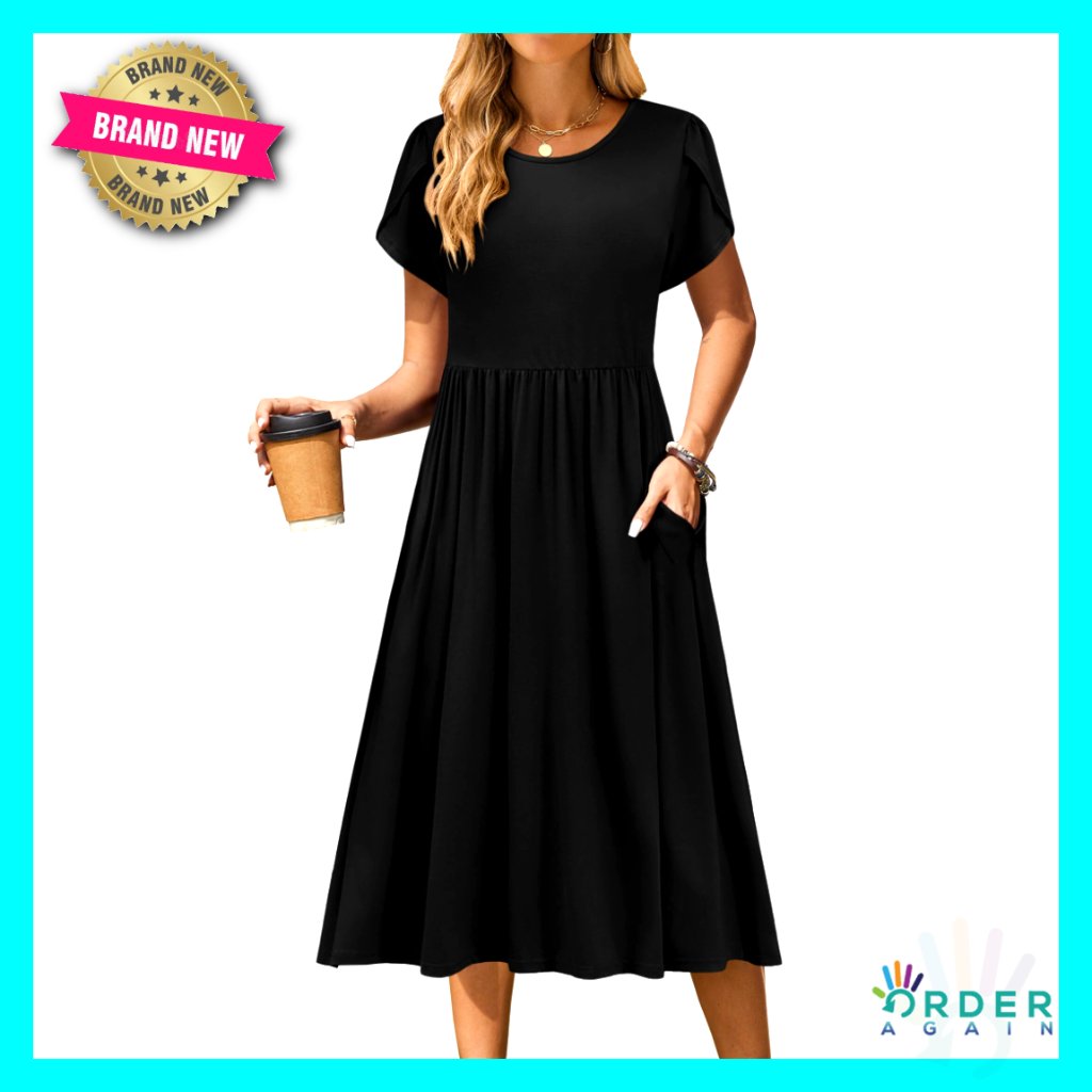 Short Sleeve Midi Dress Casual Flowy A-Line T-Shirt Dress With Pockets